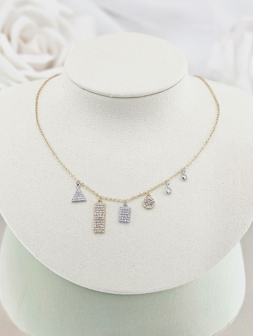 Adornia Necklace 14k Gold Plated Multi Shaped Pavé Crystal Pendant Dainty Modern